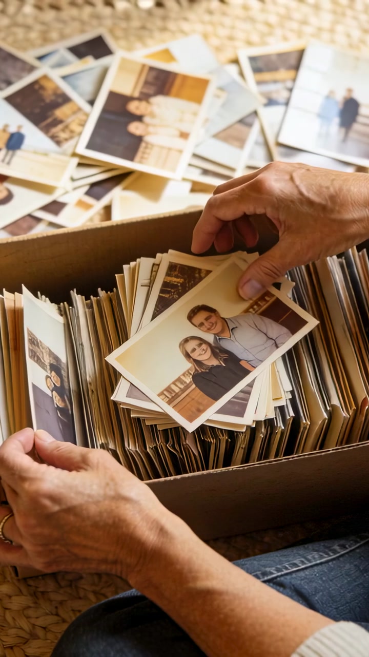 Vertical video: Reaching into box, person's hands sorting prints on woven rug, wearing jeans