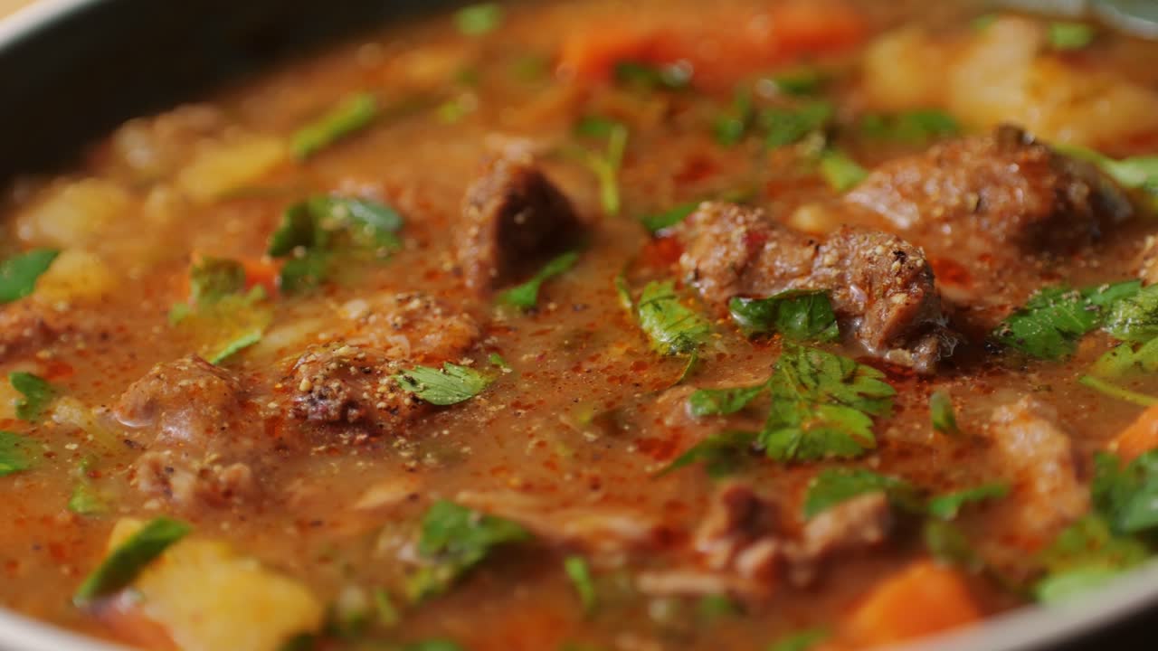 Hungarian goulash soup bograch close-up on the table. horizontal . High quality 4k footage
