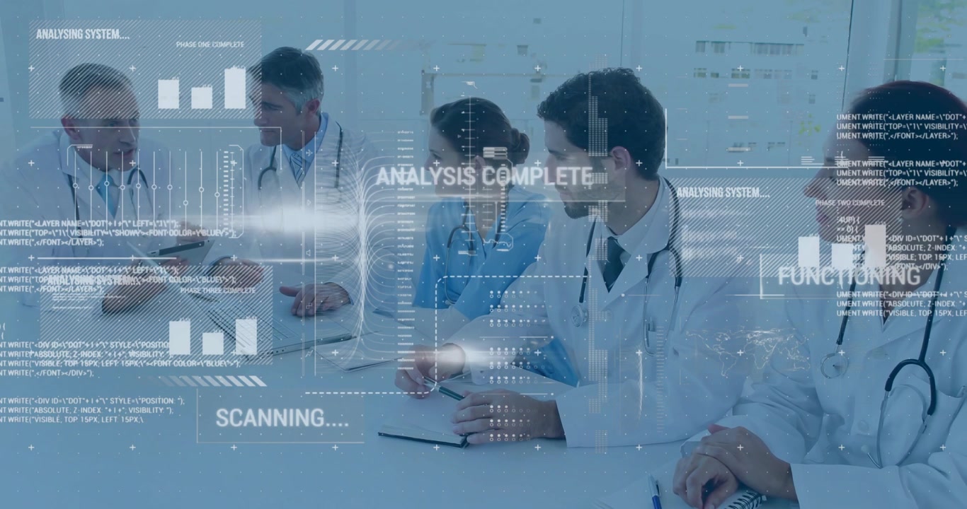 Medical Professionals Analyzing Data with Digital Overlay in a Meeting