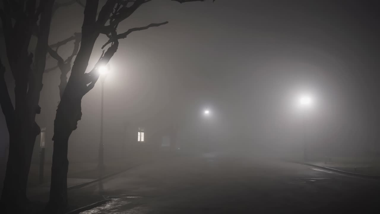Illuminated street lamps casting a warm glow over a foggy suburban street at night, enhancing the mysterious and atmospheric vibe of the quiet, deserted road lined with shadows and trees