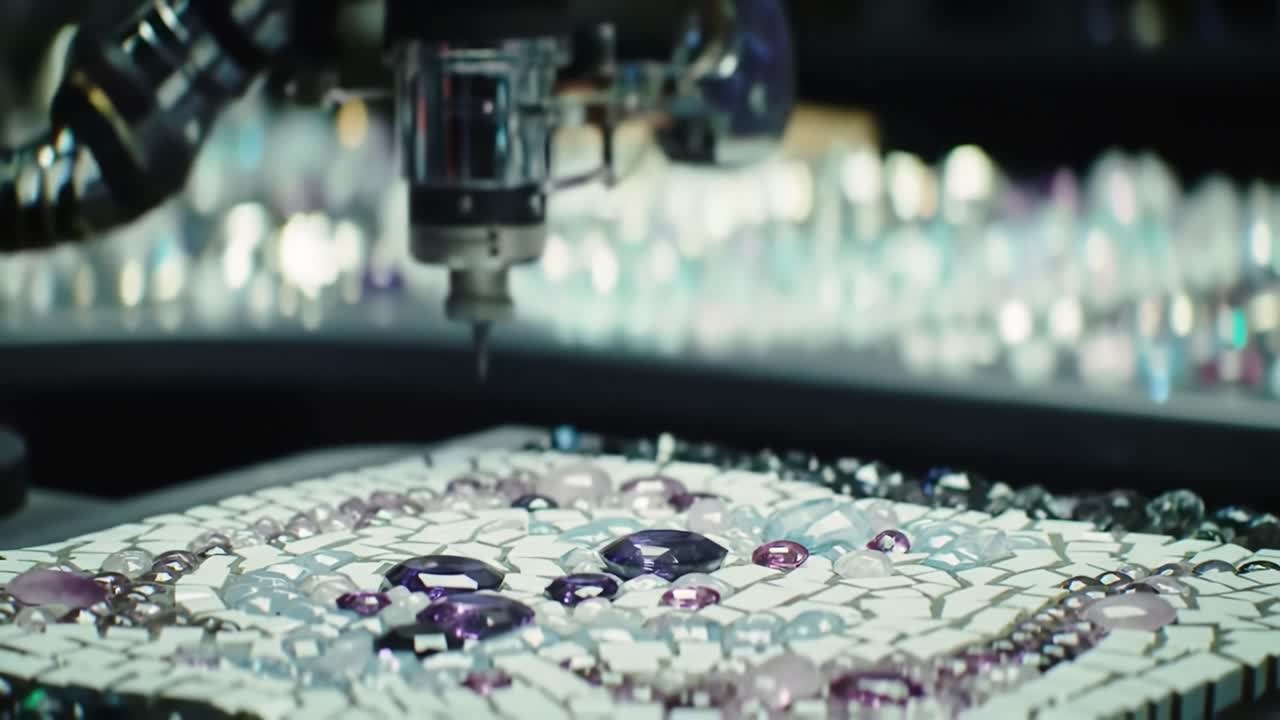 Artisans carefully assemble colorful gemstones and tiles into stunning mosaic patterns. The meticulous work takes place in a creative workshop filled with artistic materials.