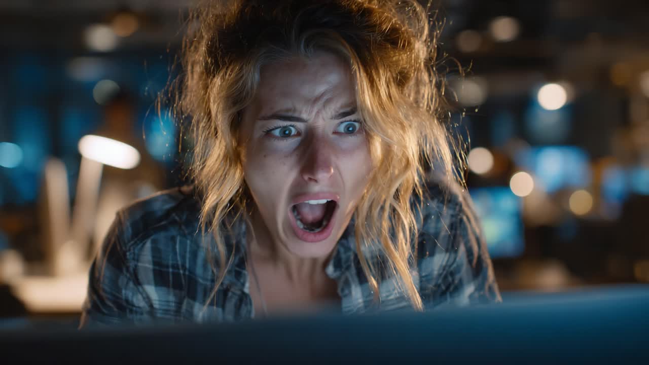 Intense Reaction to Shocking News: A Young Woman Displays Genuine Fear and Concern While Staring at Her Computer Screen in a Darkened Room, Surrounded by Technology