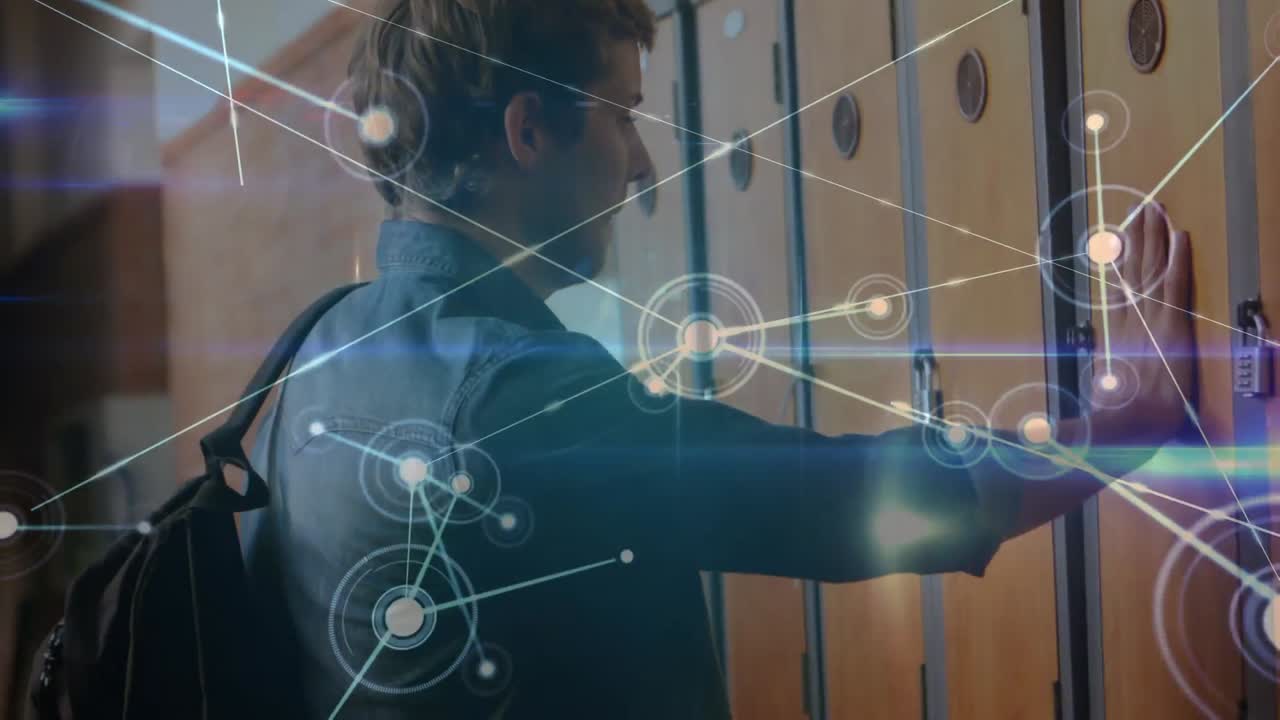 Animation of network of connections with icons over caucasian male student in school