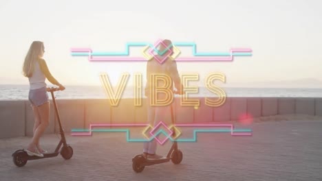 animation of yellow neon text vibes, over holiday couple using scooters by sunny beach