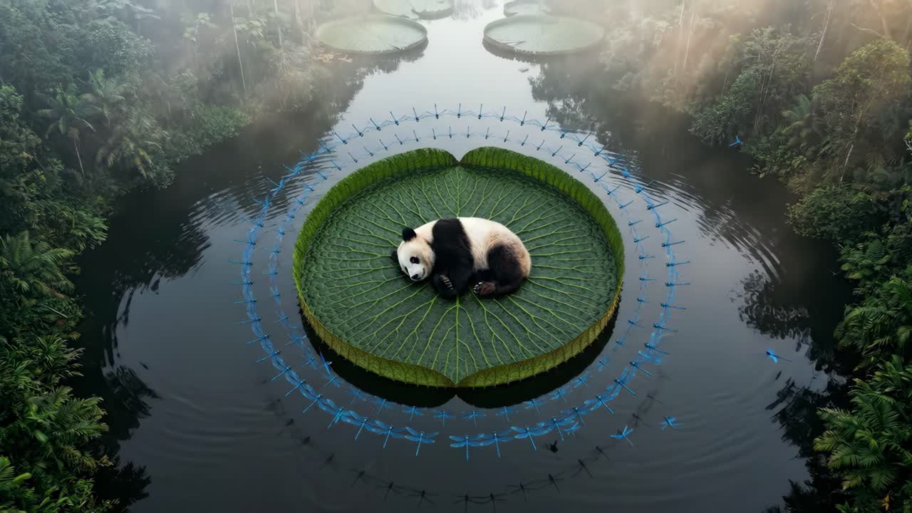 Panda addormentato su una ninfea gigante in un lago nebbioso della giungla