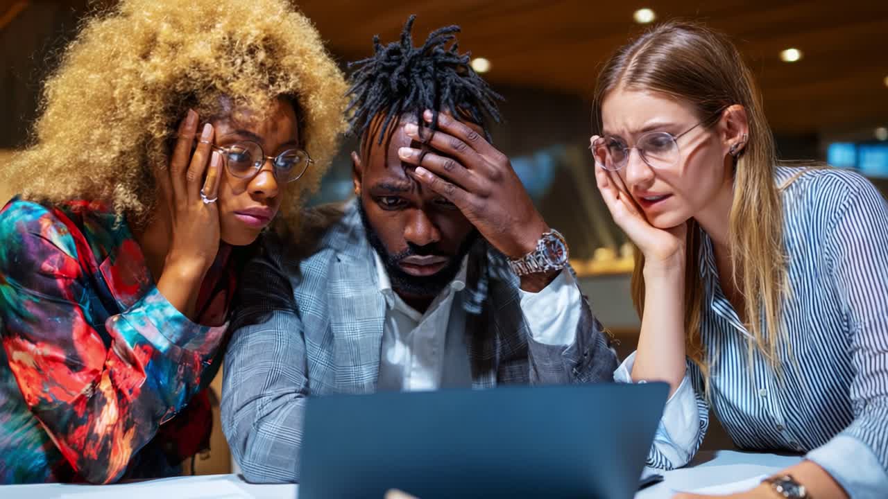 A Group of Three Professionals Reacting with Concern and Shock While Watching Something on a Laptop, Signifying an Unexpected or Disturbing Situation during a Meeting