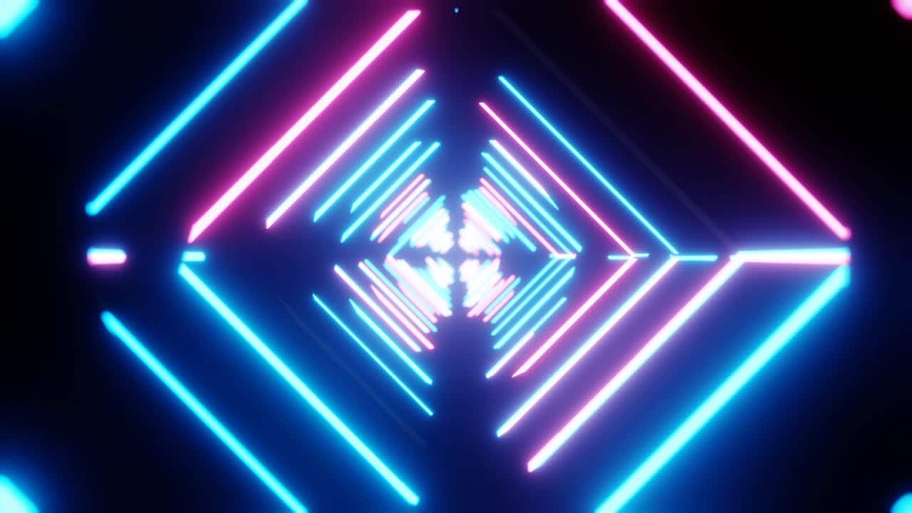 fondo de neón abstracto. volando a través del corredor de las plazas. animación 4k sin fisuras.