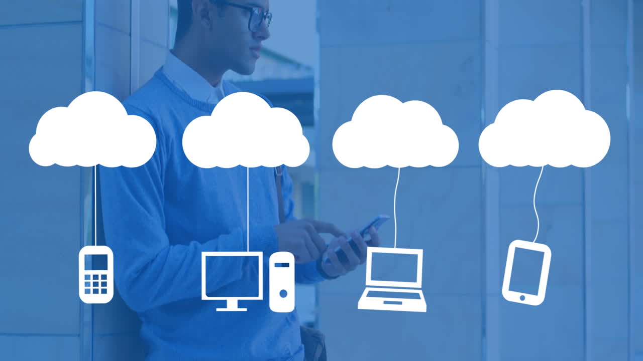 animación de nubes con dispositivos electrónicos sobre un hombre biracial usando un teléfono inteligente