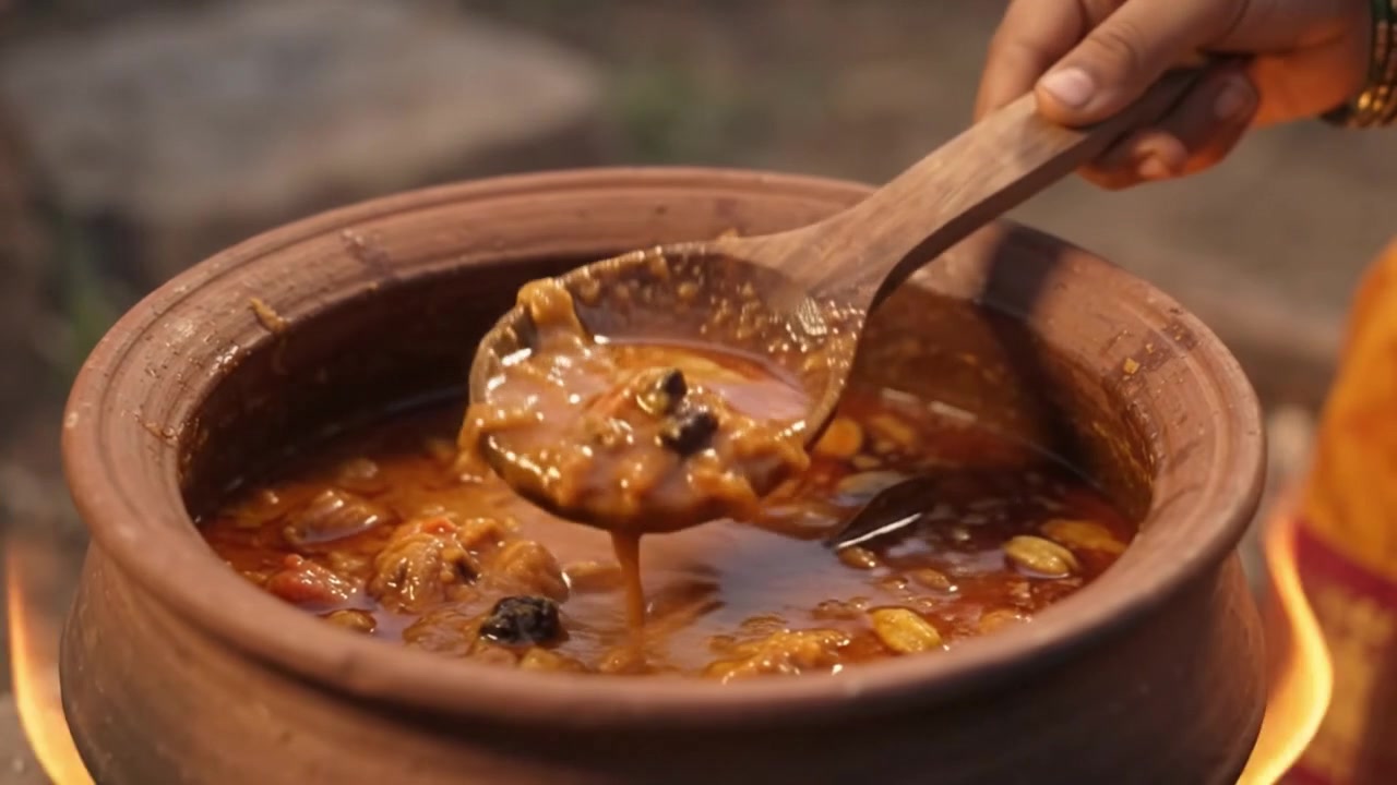 Cucina tradizionale indiana di curry in pentola di terracotta su fuoco aperto