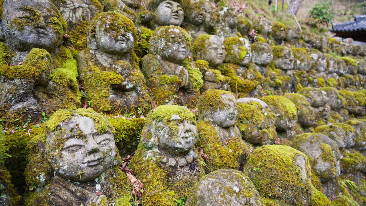 Moss-covered arhat statues covering the hillside around the temple grounds at the Otagi Nenbutsuji Temple in Kyoto, Japan