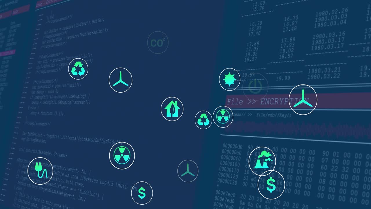 plug icon fading starting energy recycle icons clustering and pulsing on code encryption interface