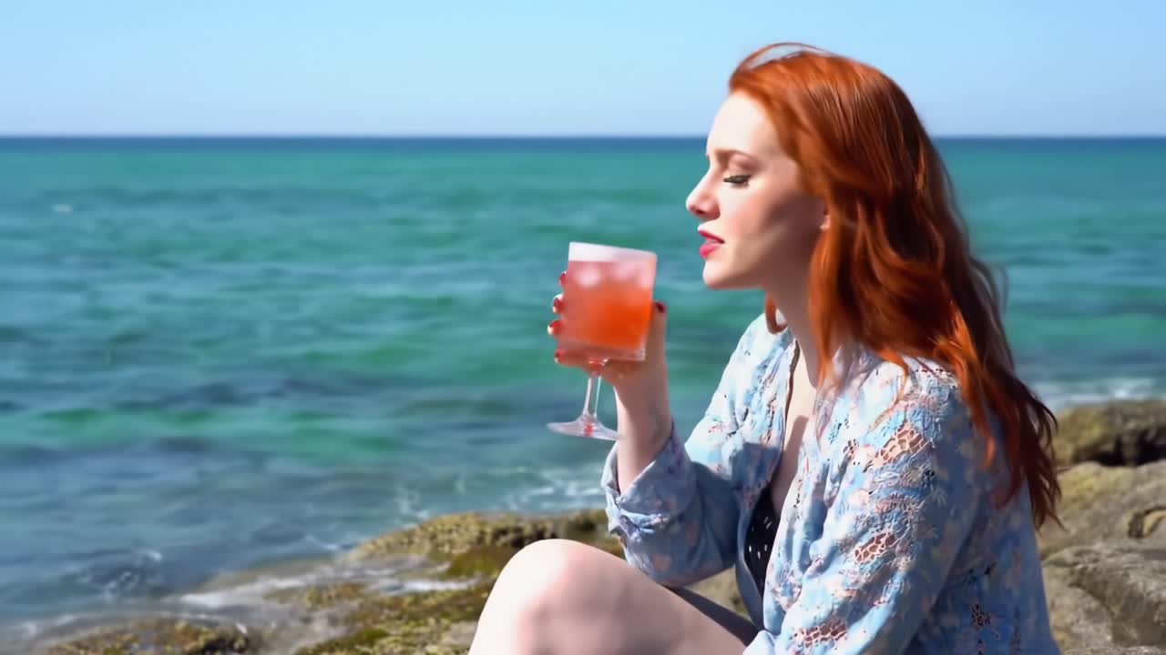 Relaxing by the Shore: A Serene Moment of Reflection with a Refreshing Drink Amidst the Calm Waves and Bright Blue Skies