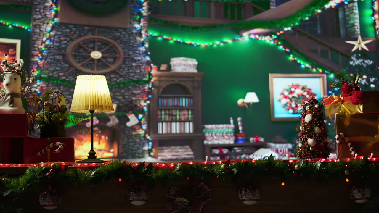 Festive Christmas Interior with Fireplace and Tree