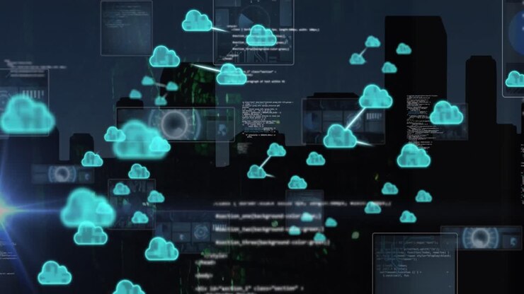 Animation of cloud icons and data processing over cityscape