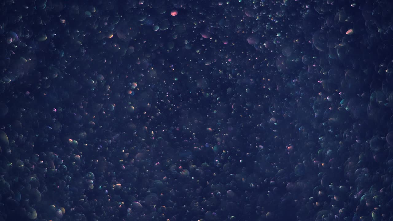 burbujas de bokeh transparentes que se mueven lentamente sobre el fondo azul oscuro, brillando.