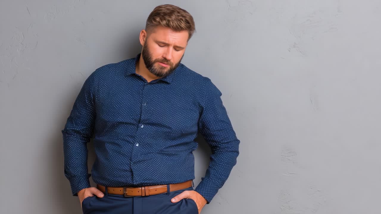 Un uomo contemplativo sta in piedi contro una parete grigia, assorto nei pensieri, incarnando introspezione ed emozioni mentre indossa un outfit smart-casual che riflette il suo stile.