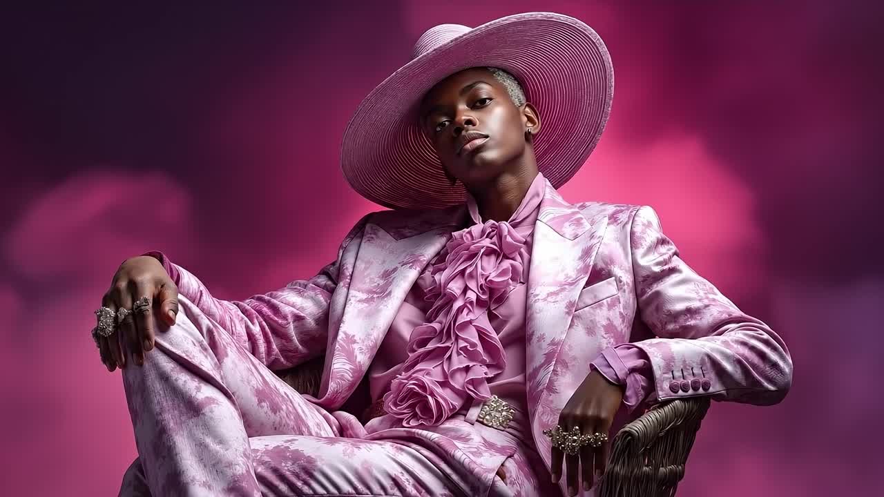 A woman in a pink suit and hat sitting in a chair