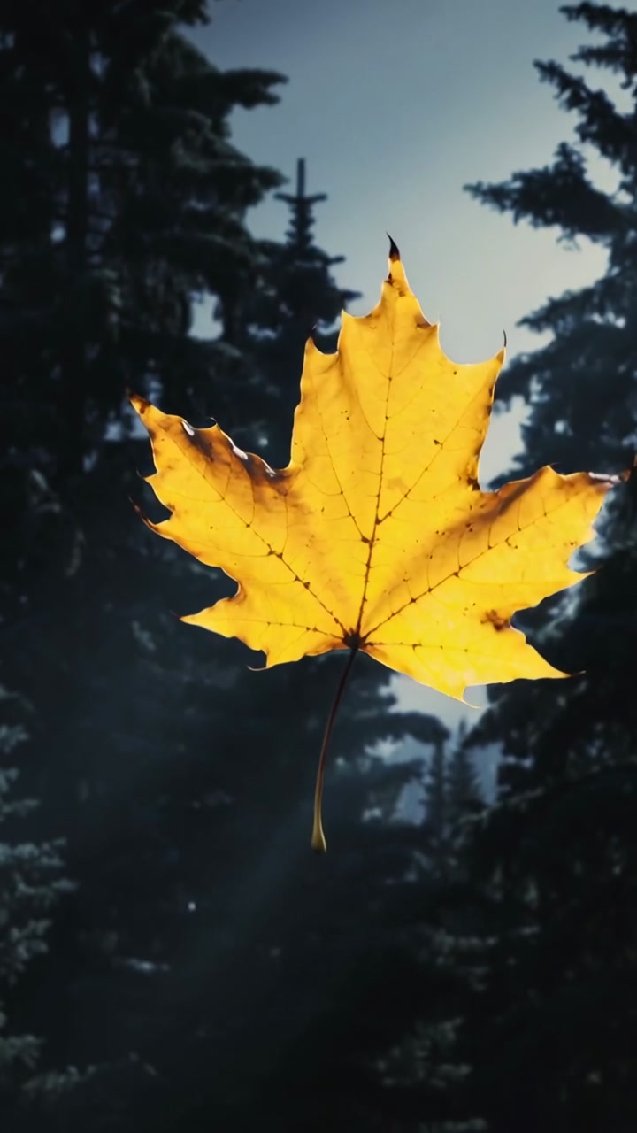 Vertical video: Drifting yellow maple leaf falling with breeze through fir fog, showing veins