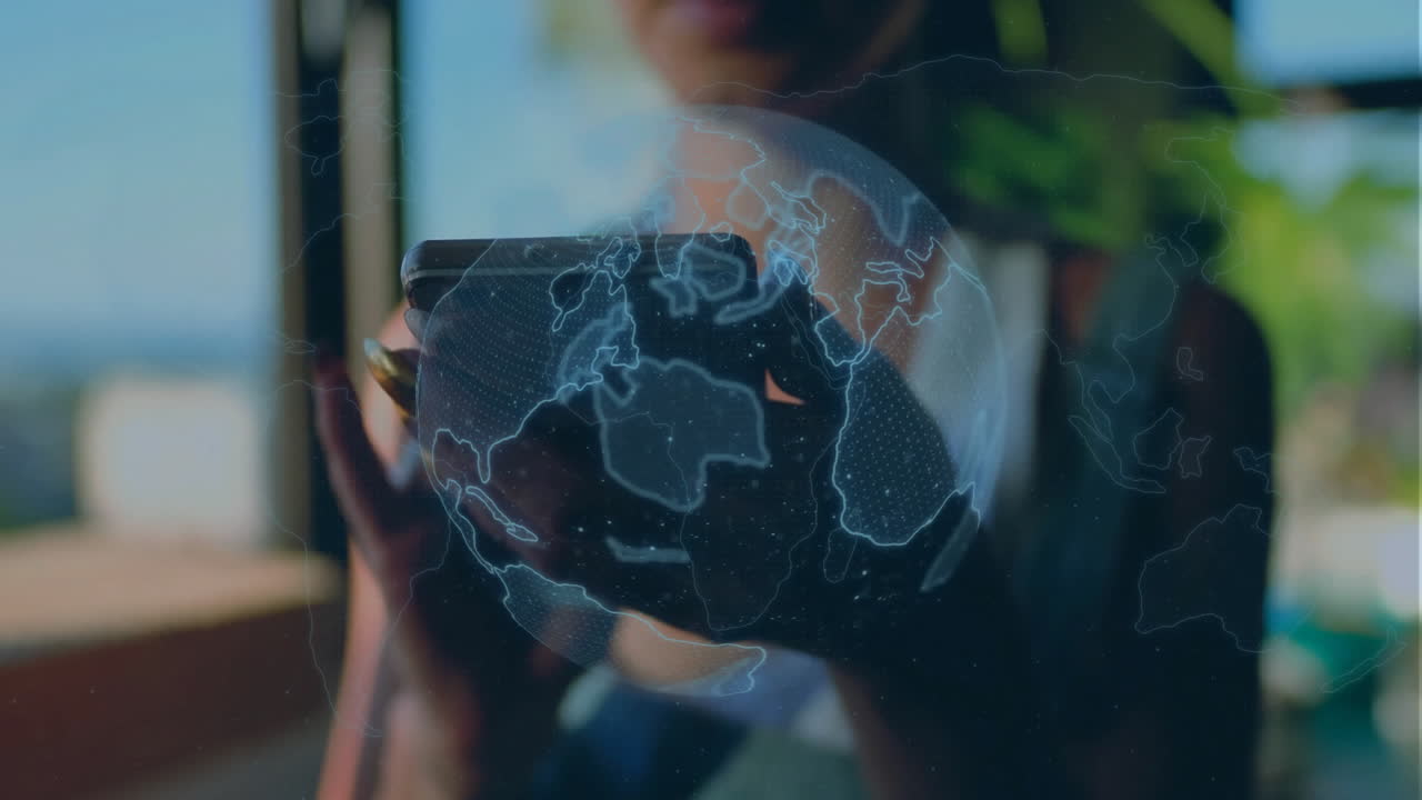 Holding smartphone, person viewing world map animation on screen