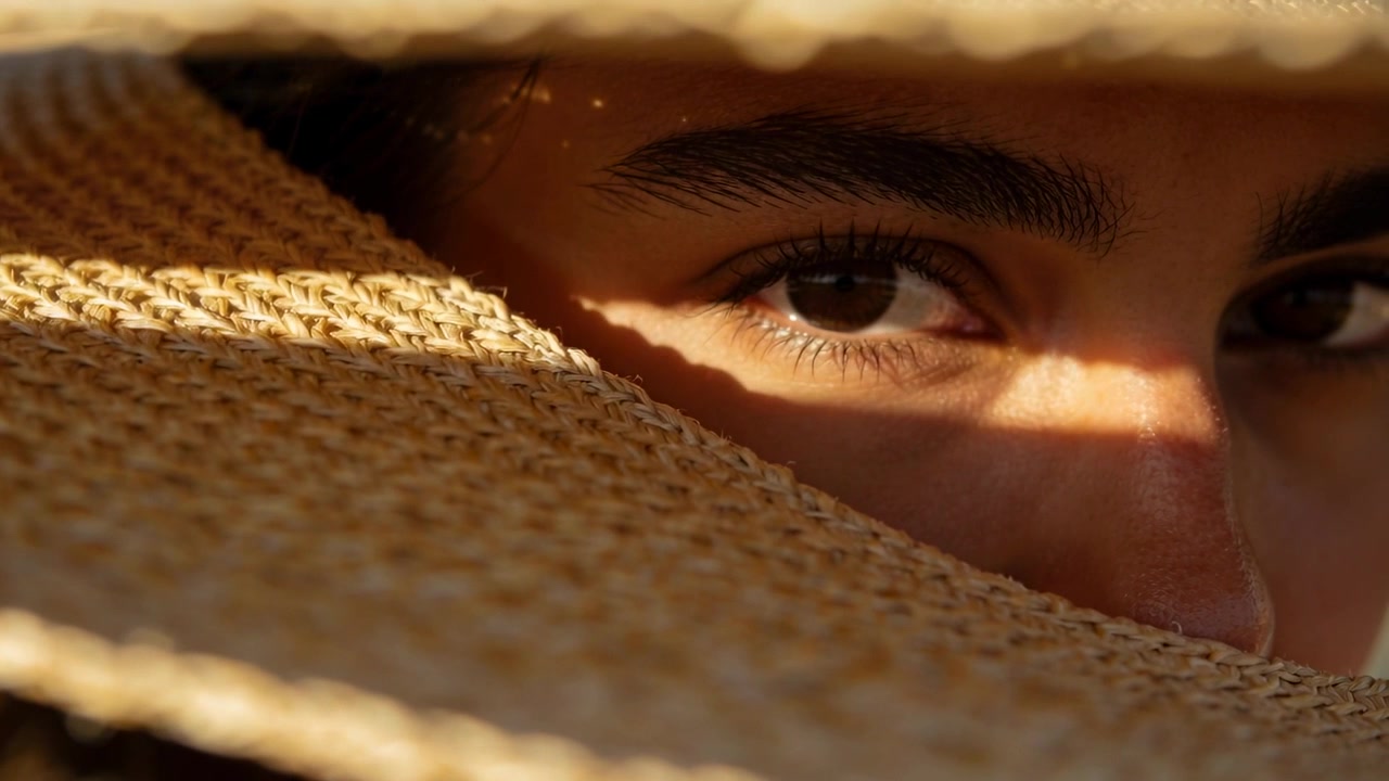 Donna che sbatte le palpebre, con un cappello di paglia intrecciato a tesa larga, che reagisce alla luce del sole, spostando lo sguardo in primo piano.