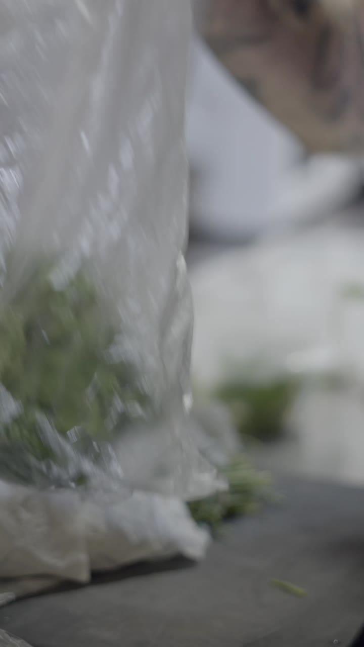Hands handling fresh green vegetables in a plastic bag