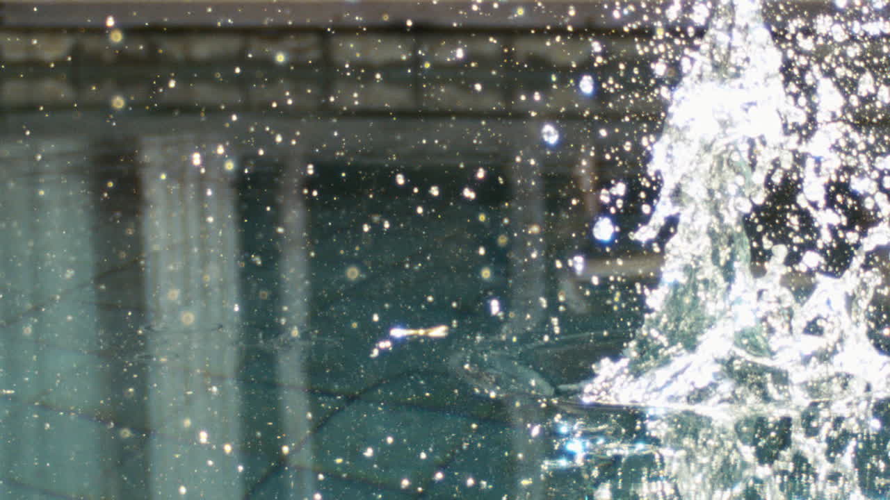 Underwater splash erupts in pool as body hits surface, bubbles and turbulence visible, slow motion sparkling glow with glistening gleam
