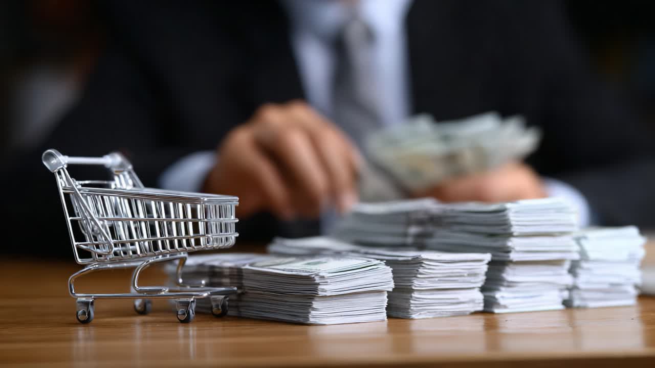 Num ambiente financeiro, um mini carrinho de compras está ao lado de pilhas de dinheiro enquanto um indivíduo concentrado conta notas, simbolizando a intersecção entre comércio e gestão financeira.