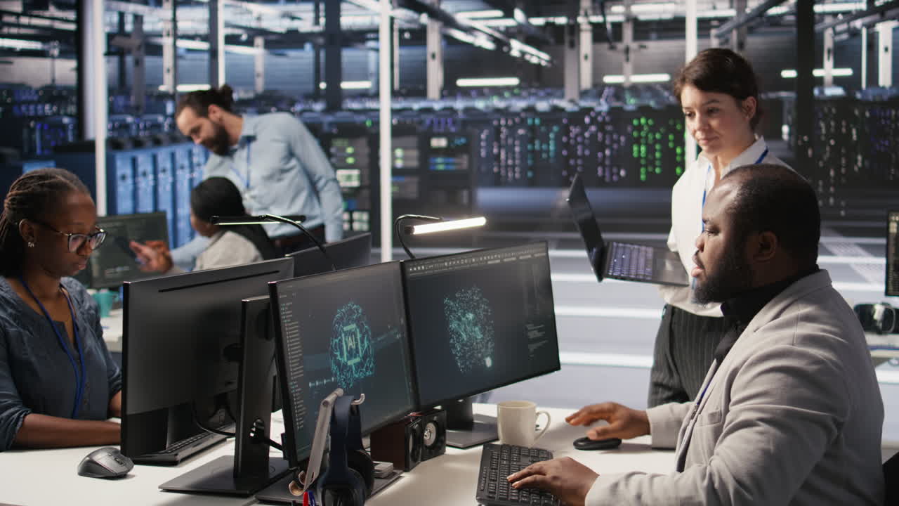 Vertical video Happy data center manager providing positive feedback to engineer