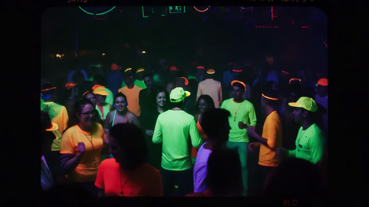 Vibrant Neon Party Scene: An Energetic Crowd Dances Under Colorful Lights in a Nightclub Atmosphere, Celebrating with Lively Music and Radiant Outfits