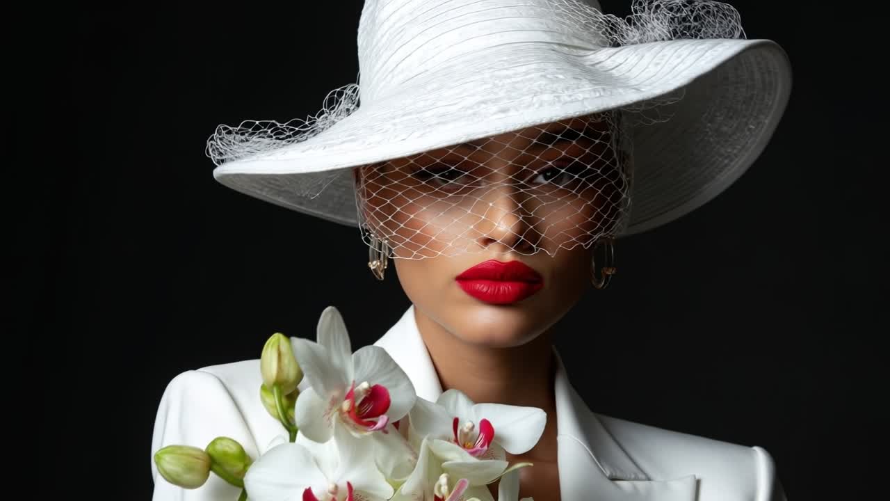 Elegant beautiful woman in white stylish hat and suit holding bouquet of white orchids flowers