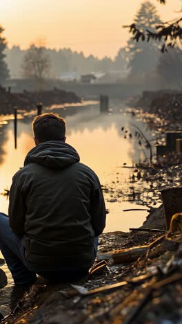 reflection at dusk by the river in a devastated area