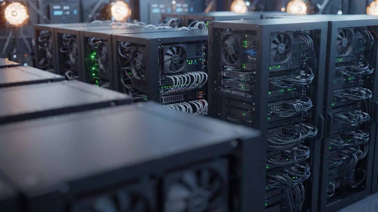 A powerful array of server racks filled with blinking lights, cooling fans, and intricate wiring in a high-tech data center environment showcasing advanced technology.