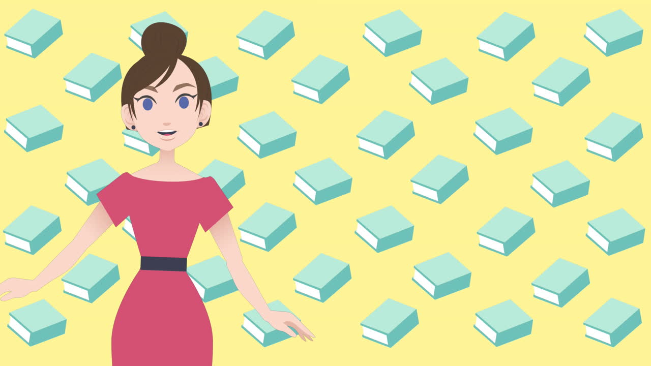 animación de una mujer hablando sobre iconos de libros