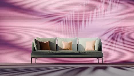 green sofa with beige and brown pillows in front of pink wall with palm leaf shadows. interior design scene. summer vacation, wallpaper, banner, background. front view with copy space