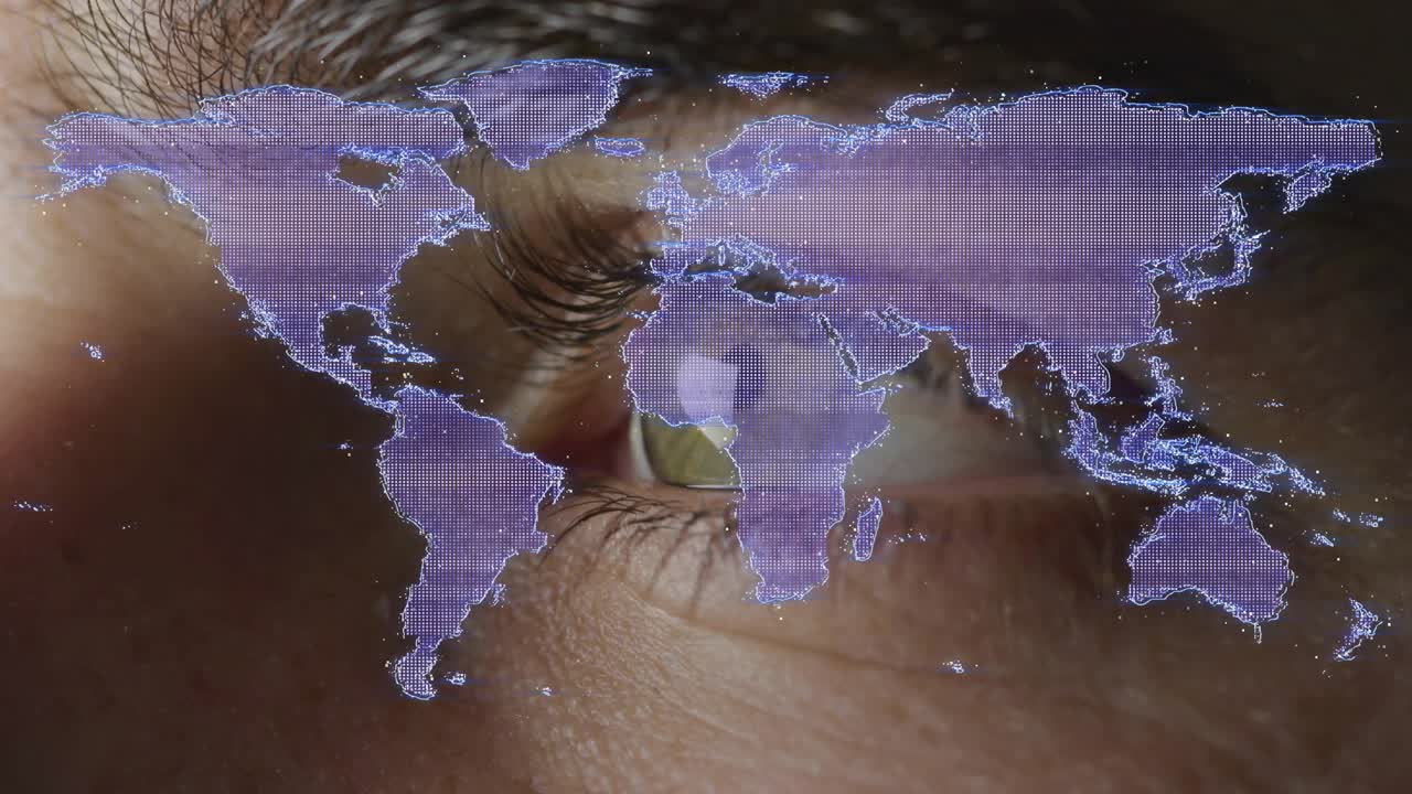 Male eye slowly opening map pulsing scan lines then glitching into lavender dots for scan interface