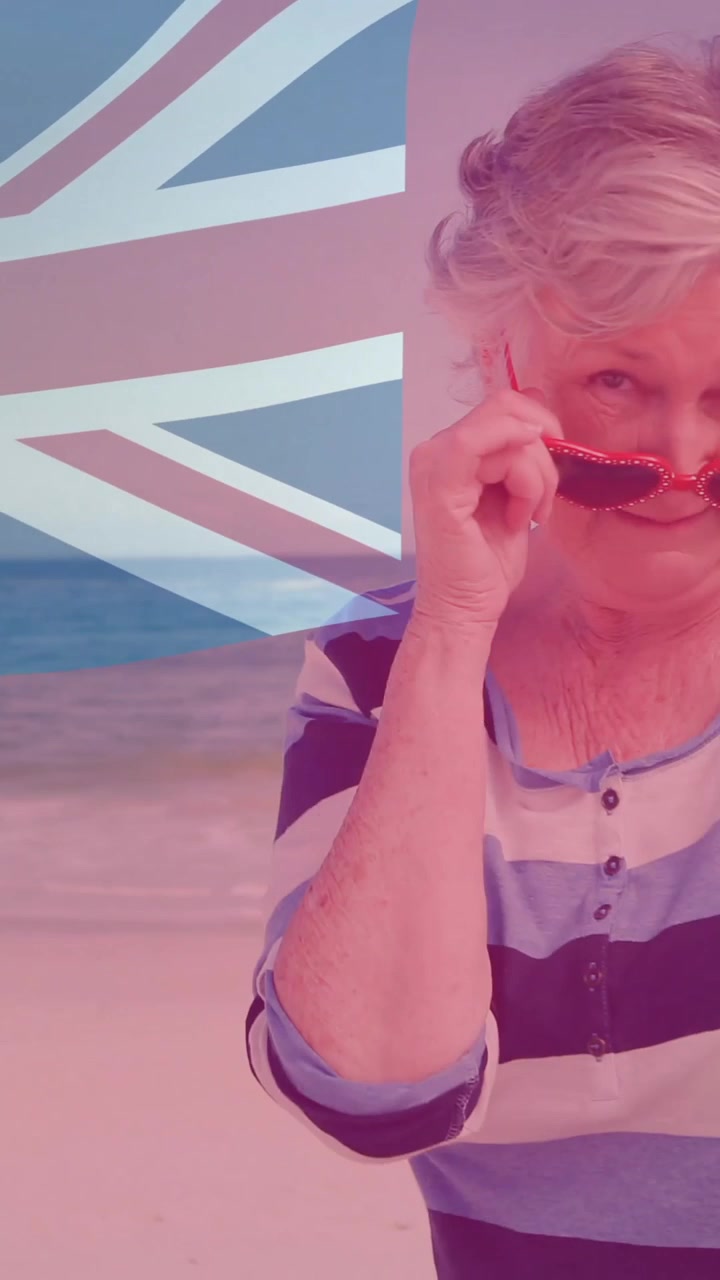 Vlag van Bermuda en wapenschildanimatie boven vrouw die geniet van strand