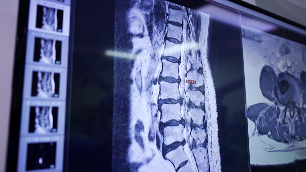 MRI Scan of Human Spine on Medical Display with Measurement