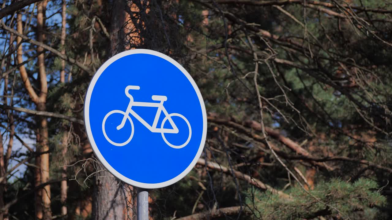 señal de ruta de bicicleta en una calle de la ciudad. señal de carretera azul bicicletas sólo actividades al aire libre en un día soleado. concepto de estilo de vida saludable.