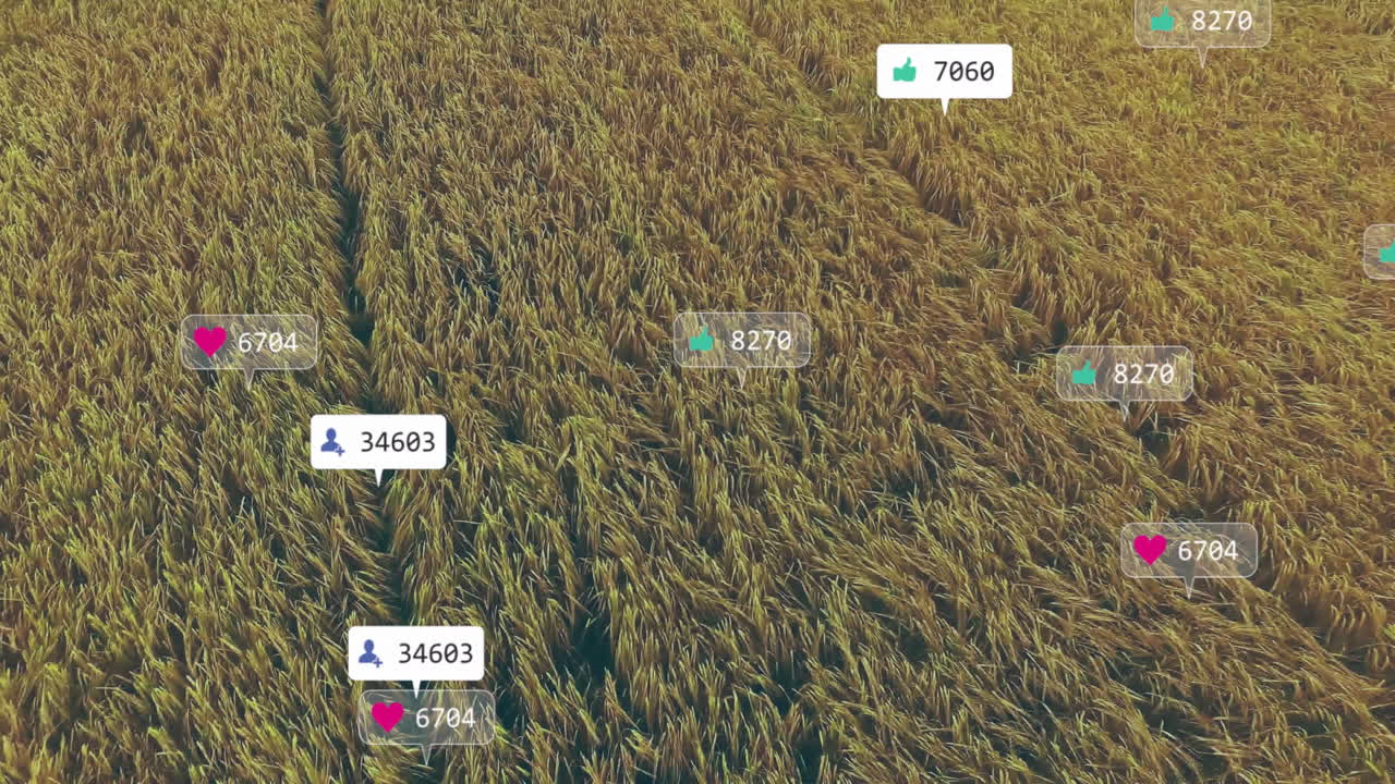 Vast aerial crop field being animated in flat design with floating social icons in speech bubbles