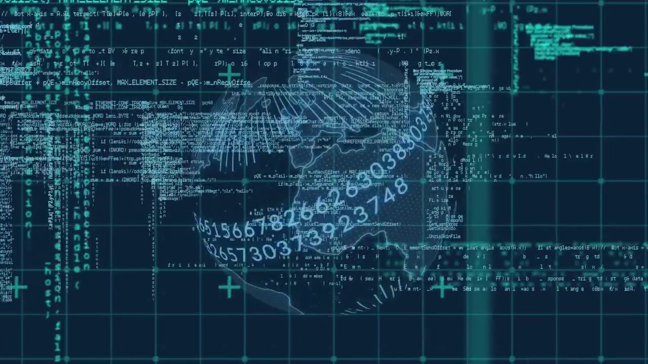 Animation of data processing and globe over black background