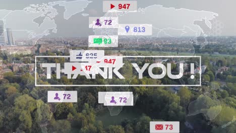 Animation-of-thank-you-sign-with-social-media-icons,-world-map-over-city-with-trees