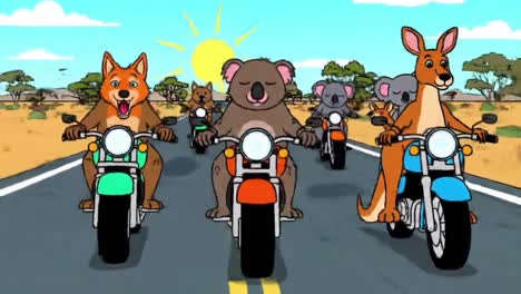 a joyful journey: animated animals riding motorcycles through a sunlit landscape on a fun adventure