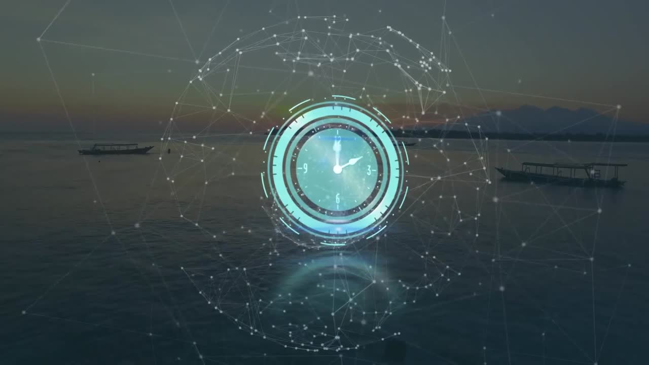 animación de reloj móvil y red de conexiones sobre el mar