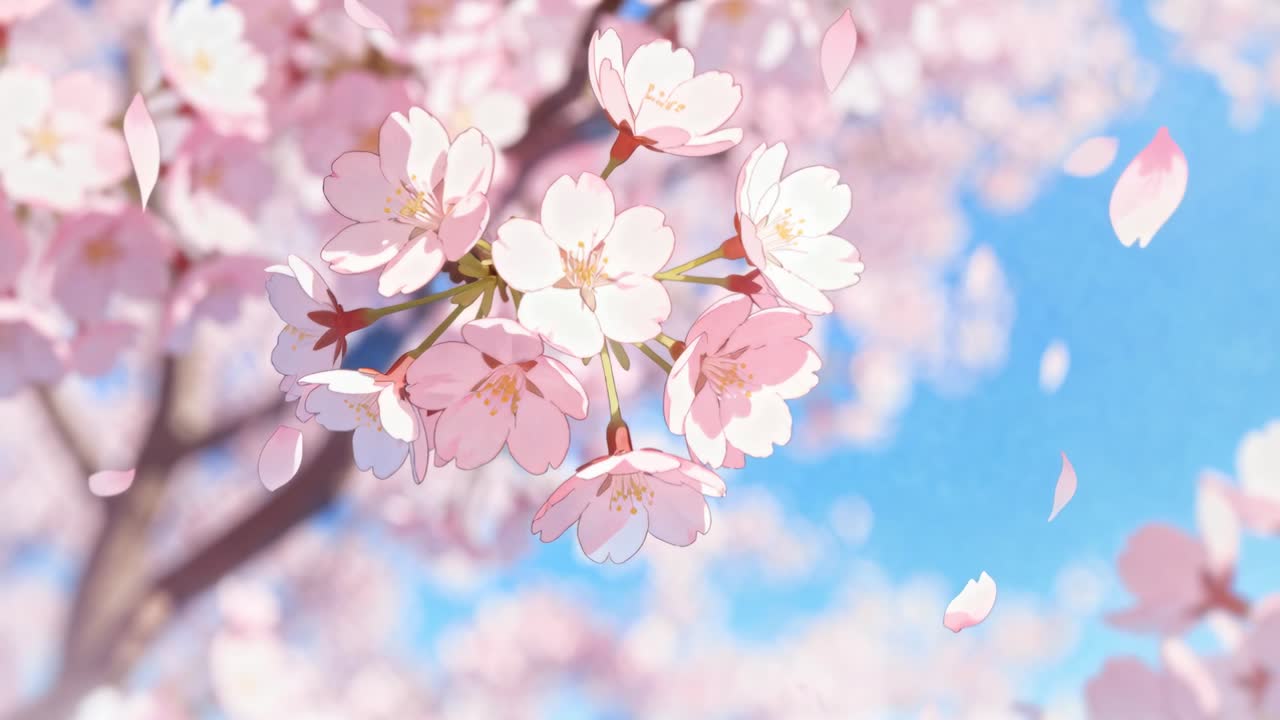 Fluttering pink cherry blossom cluster swaying on branch in garden, wind causing petals drifting