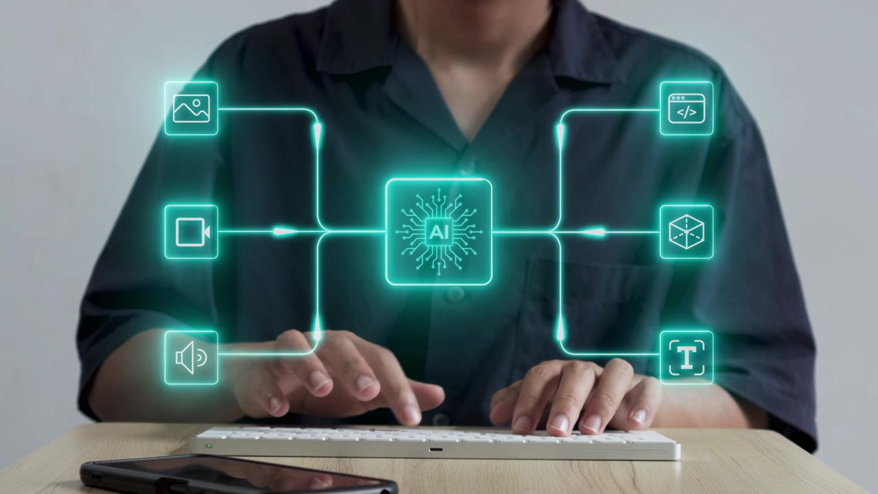 Dipendente che digita su un laptop con una rete di intelligenza artificiale