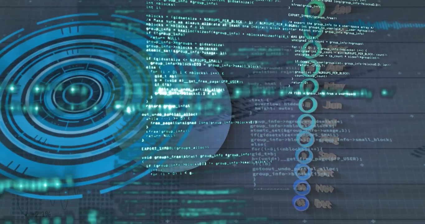 Digital grænseflade med rullende programmeringskode og cirkulære HUD-elementer