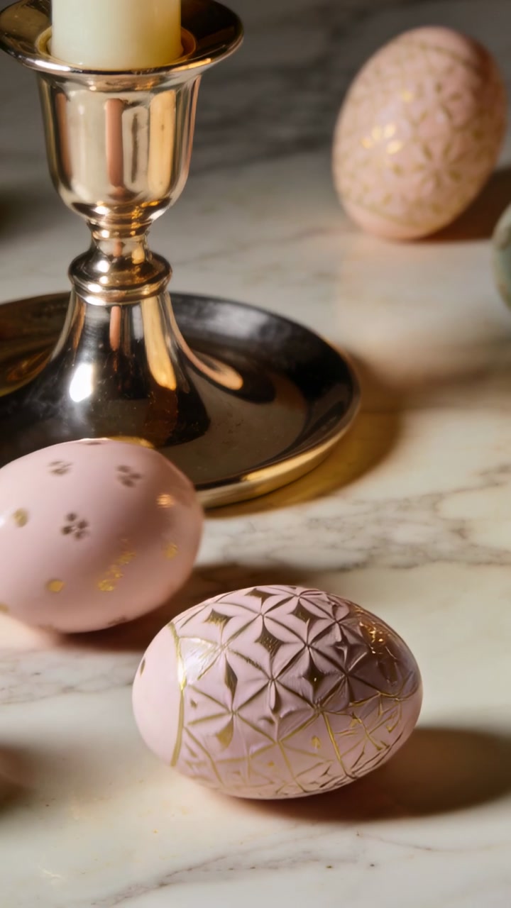 Vertical video: Rolling egg being nudged forward toward silver candlestick on marble, copy space