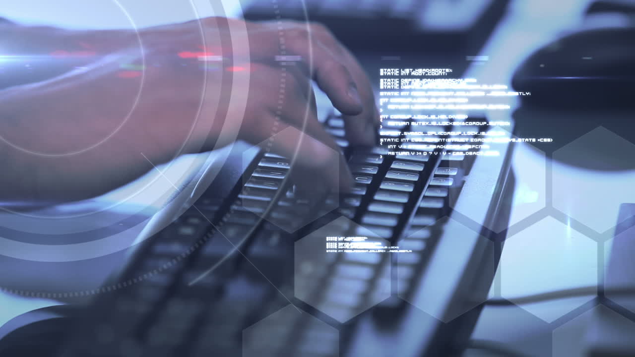 una interfaz digital sobre las manos escribiendo en un teclado