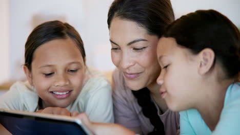 Happy-girl-children,-mom-and-tablet-in-bedroom