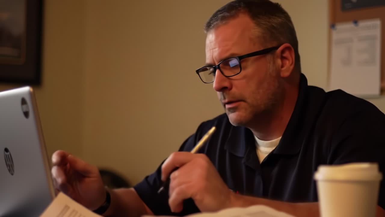 Focused Individual Engaged in Work at a Desk, Using Laptop and Taking Notes, Surrounded by Documents and a Coffee Cup in a Quiet Work Environment